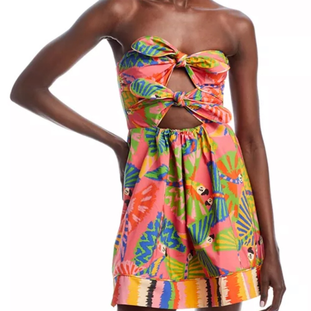 Farm Rio Graphic Macaws Coral Mini Dress